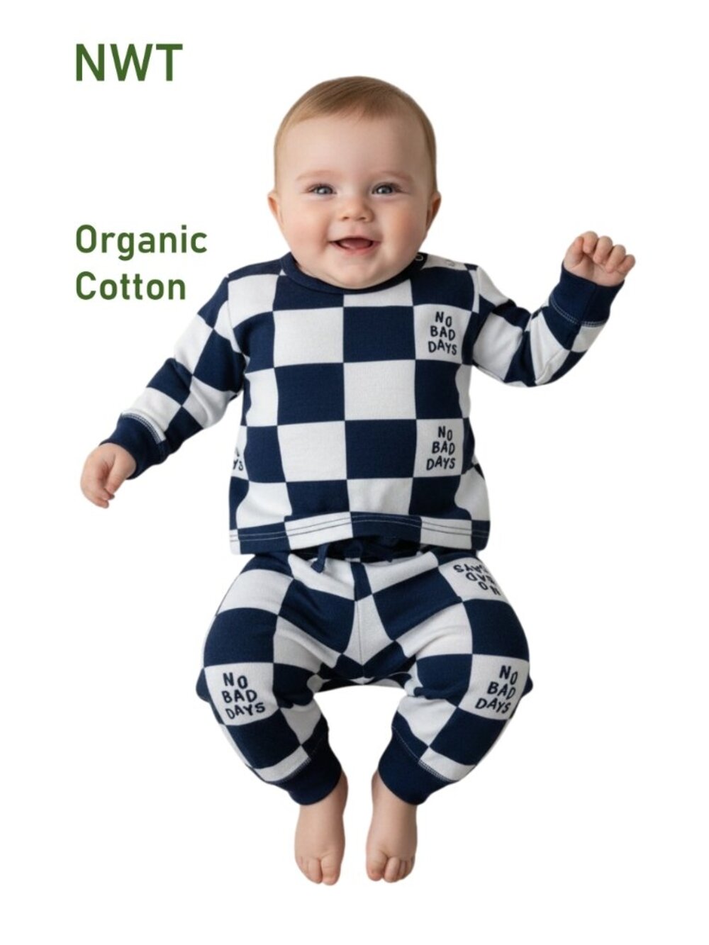 ANTEBIES Organic Navy "No Bad Days" Long Sleeve Pants Set size 0-3M Eco-friendly